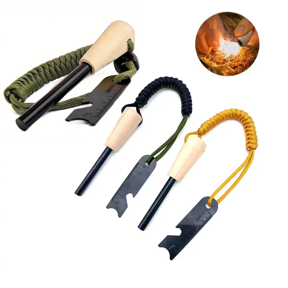 KongBo Camping Tool Handmade Fat Wood Handle Flint Fire Starter Sparking Ferrocerium Magnesium Rod Lighter Kit