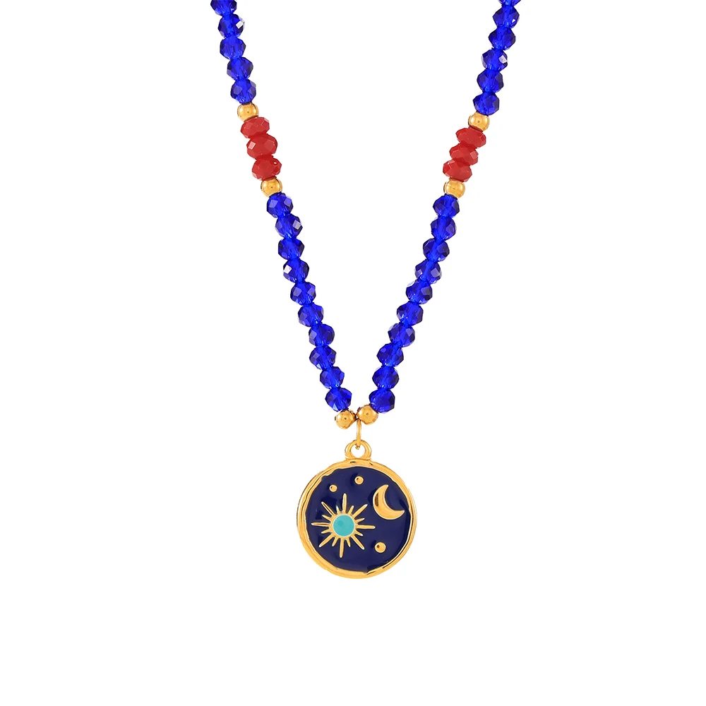 Blue and red crystal stone hand-woven necklace blue gold blue starry sky color glaze titanium steel pendant accessories