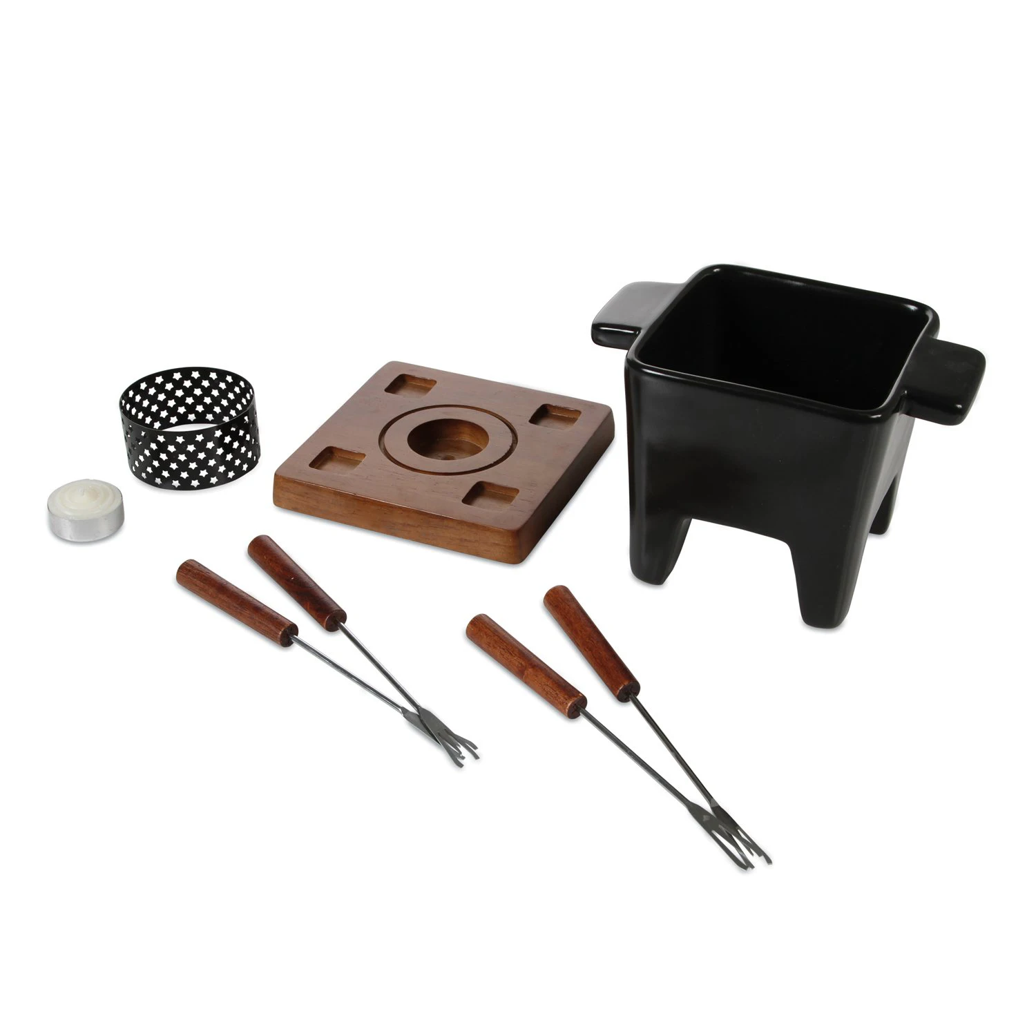 Four Feet Square Cheese Fondue Pot with Wooden Stand