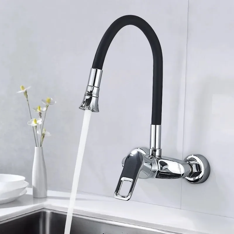 Wall Mounted Hot/Cold Water Kitchen Faucet Flexible Pipe Single Handle 360 Rotate Faucet Stream/Shower 2ways Sprayer Head