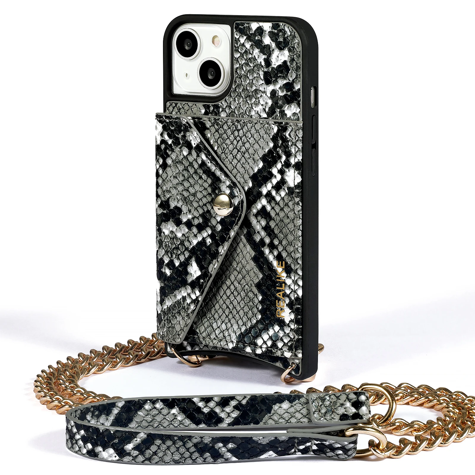 Custom exotic python snakes skin leather crossbody card holder wallet phone case with detachable strap for iphone 14 pro max