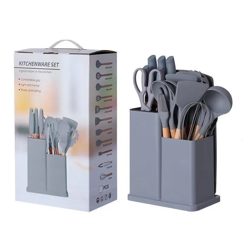 MU Full set 19 pieces gadgets silicone laddle tools utensils kitchen knife cutting board set with wooden handle popular