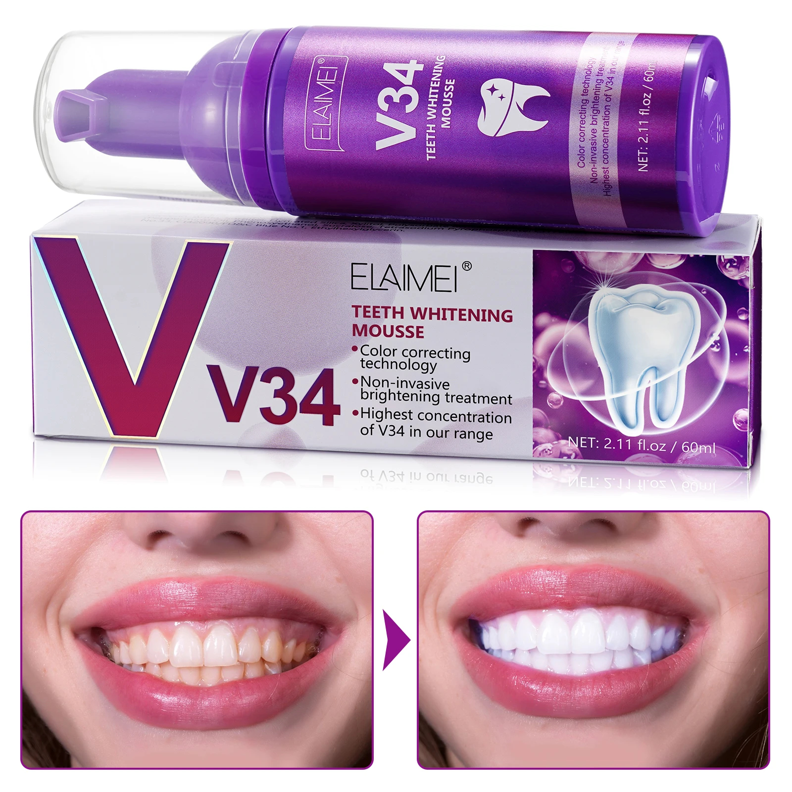 ELAIMEI 60ml Oral Hygiene Remove Stains Toothpaste Foam Color Corrector V34 Teeth Whitening Mousse for Daily Dental Care