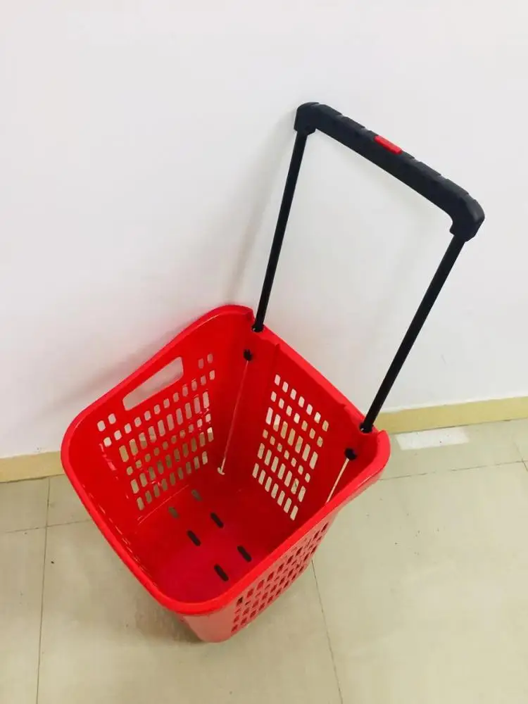 MOQ 20 PCS Big Size Folding Handle 55L Supermarket Plastic Shopping Basket,  4 Wheels Plastic Trolley Rolling Cart