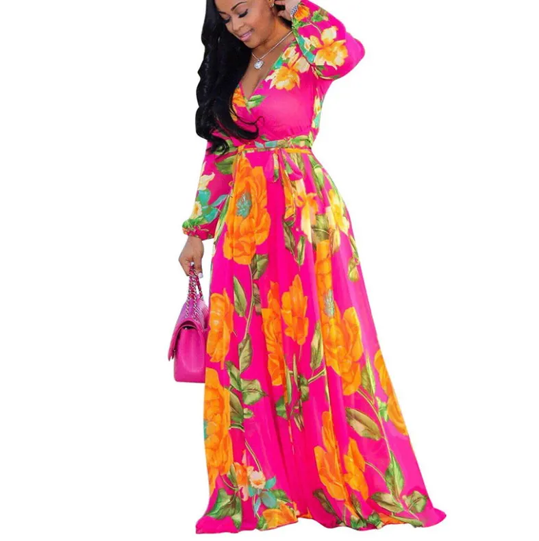 Женское шифоновое платье-макси с цифровой печатью и длинным рукавом