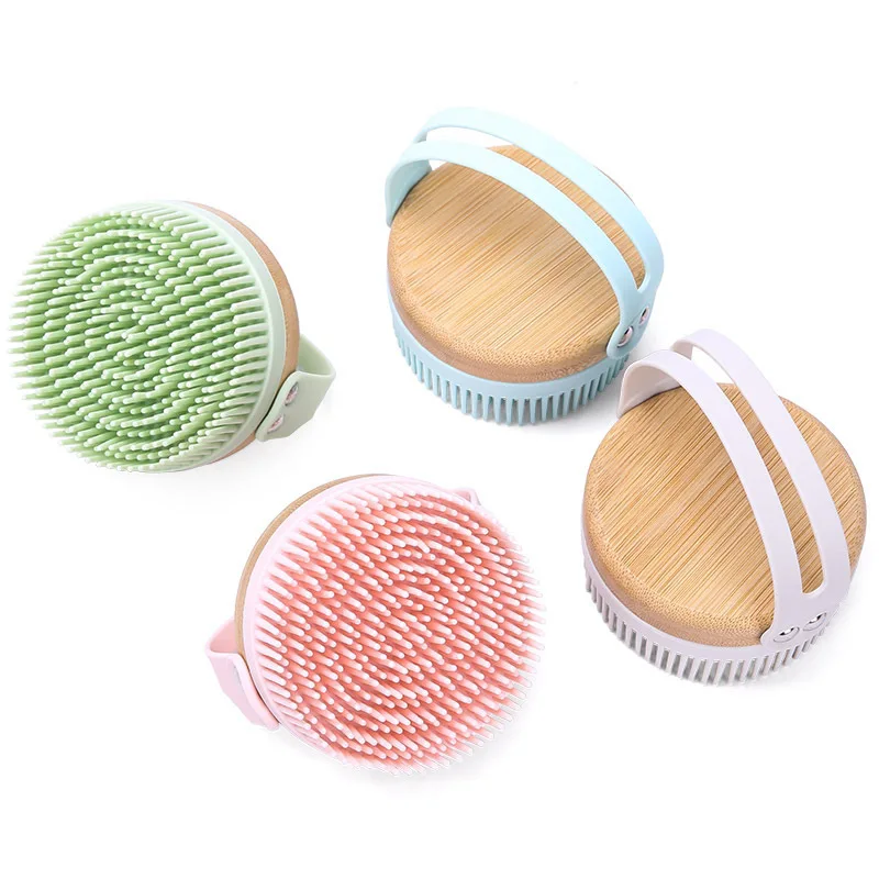 Pore Cleansing Massage Exfoliating Brush Long Leather With Loop Wooden Handle Body Brush Manual Silicone Body Scrubber