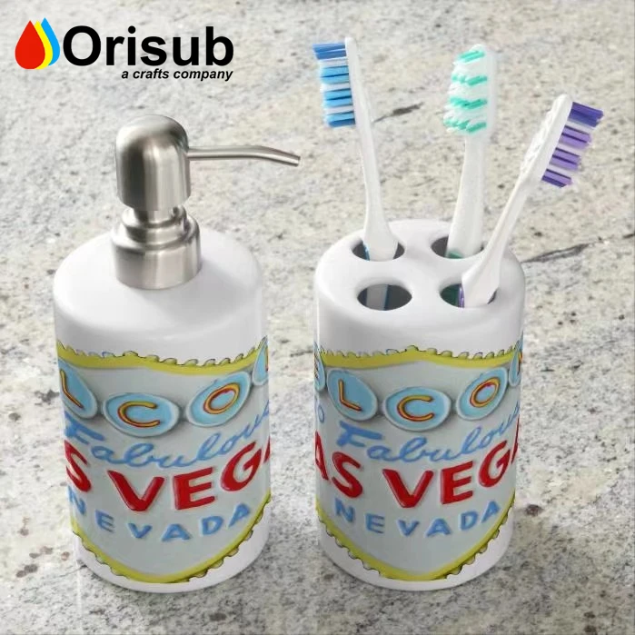 Custom printed white ceramic soap dispensers and toothbrush holder for sublimation