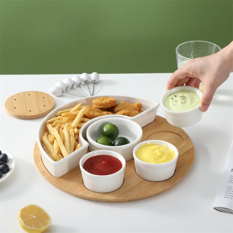 Wholesale home restaurant tableware  ceramic seasoning sauces snack dessert serving dihes with bamboo tray