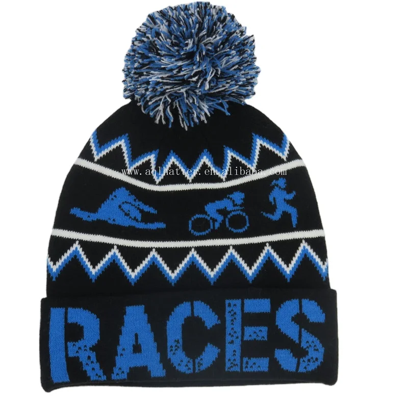 custom hot selling high quality acrylic cuff pom pom beanie  jacquard sport skiing beanie