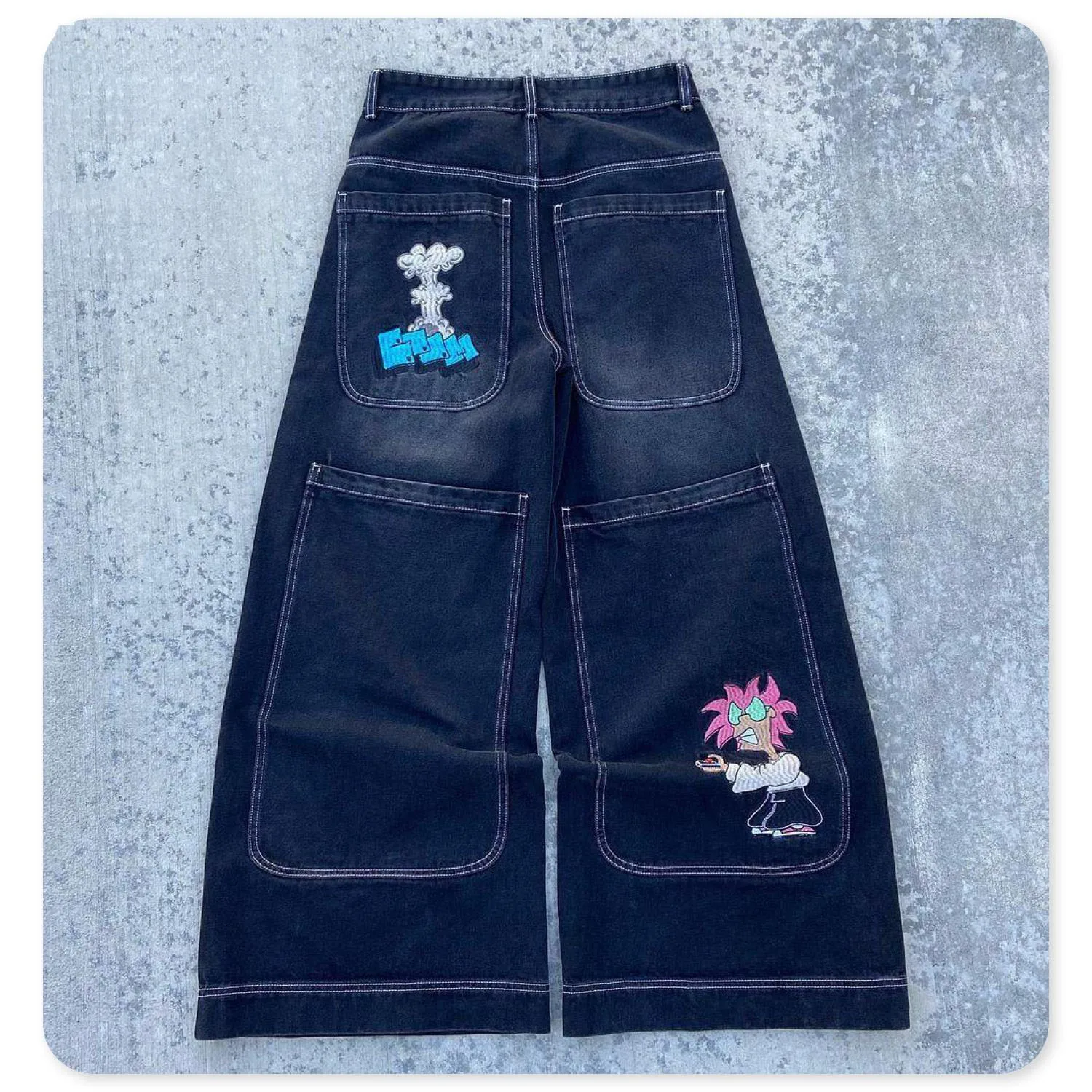 Custom Streetwear Logo Loose Wide Leg Denim Pant Twill Fabric Embroidered Y2k Baggy Pants