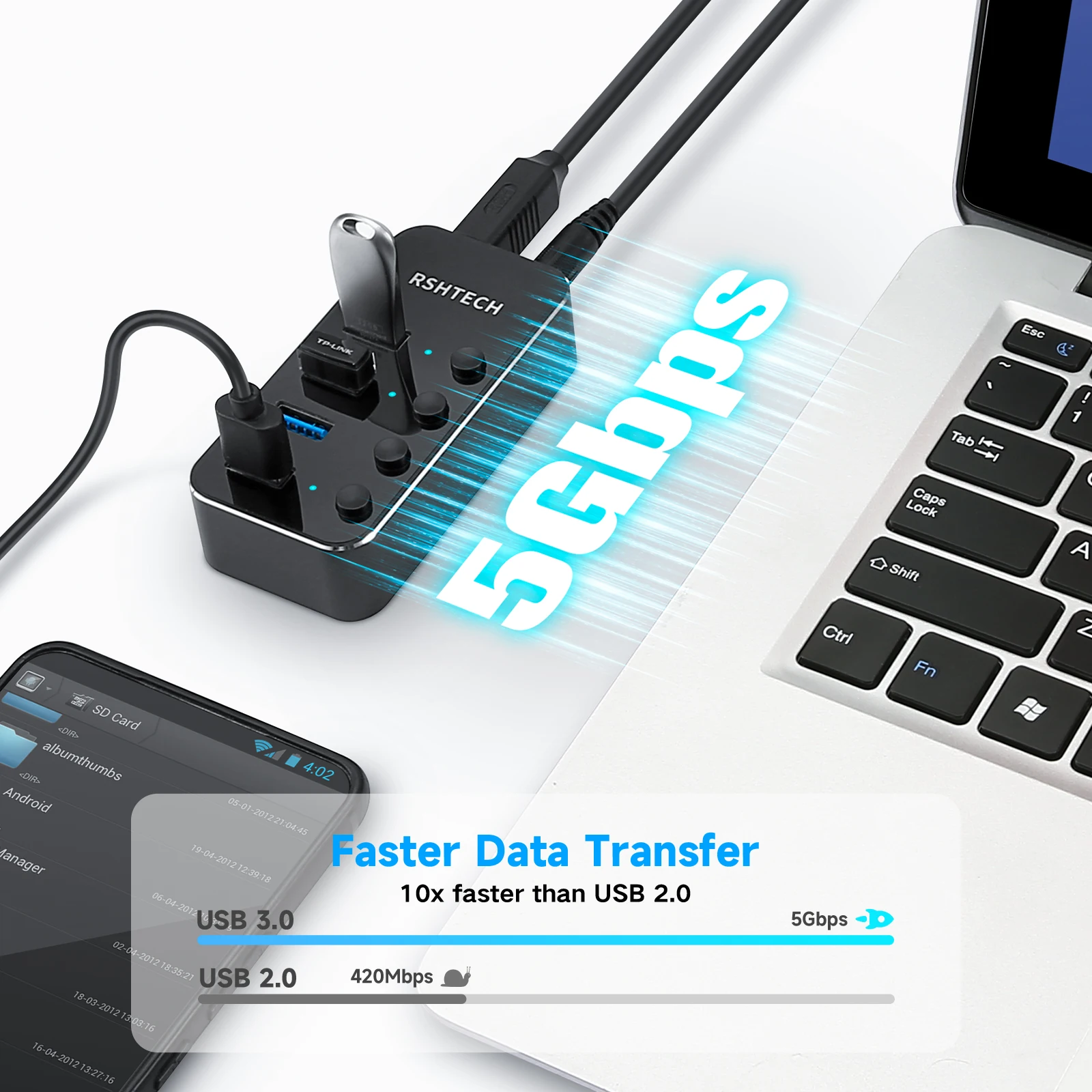 RSHTECH Powered USB Hub Universal 5V/2A AC Power Individual On/Off Switches 5Gbps High-speed 4 Port USB 3.0 Hub for PC Laptop