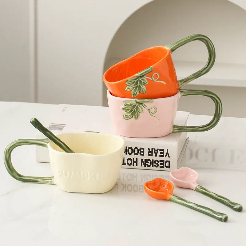 French ins ceramic pumpkin mug for home with large handle Halloween embossed irregular porcelain milk  coffee cup and spoon