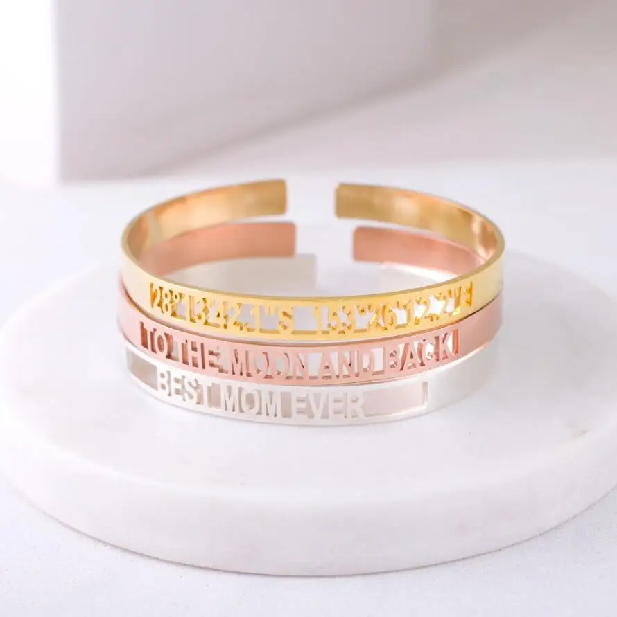 Cutout Coordinate Bracelet Custom Location Coordinates Cuff Bracelet Personalized Message Bangle Anniversary Gift Wedding Gift