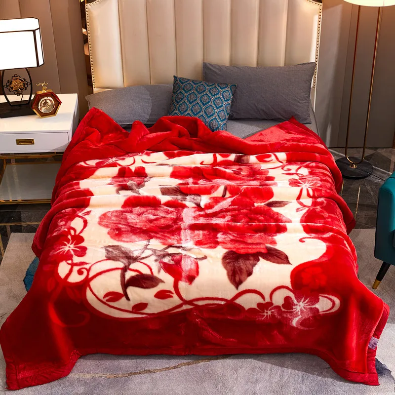 100% Polyester Raschel Printed Mink Korean Blanket Double-layer Thick  Bedcover Blanket For Winter