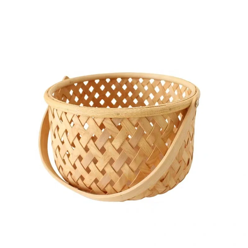 Ins style new wood chip woven storage basket circular hollow basket with hand gift picnic basket