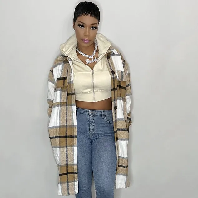 Winter 2021 Women Clothing Fall Woolen Turndown Collar Plaid Print Trench  Long Sleeve Corduroy Shirt Jacket Long Wool Coat