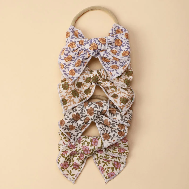 LRTOU New Arrival Nylon Fabric Elastic Baby Hair Bow Hairband Wholesale Cute Flower Printing Baby Kids Girl Hair Accessories