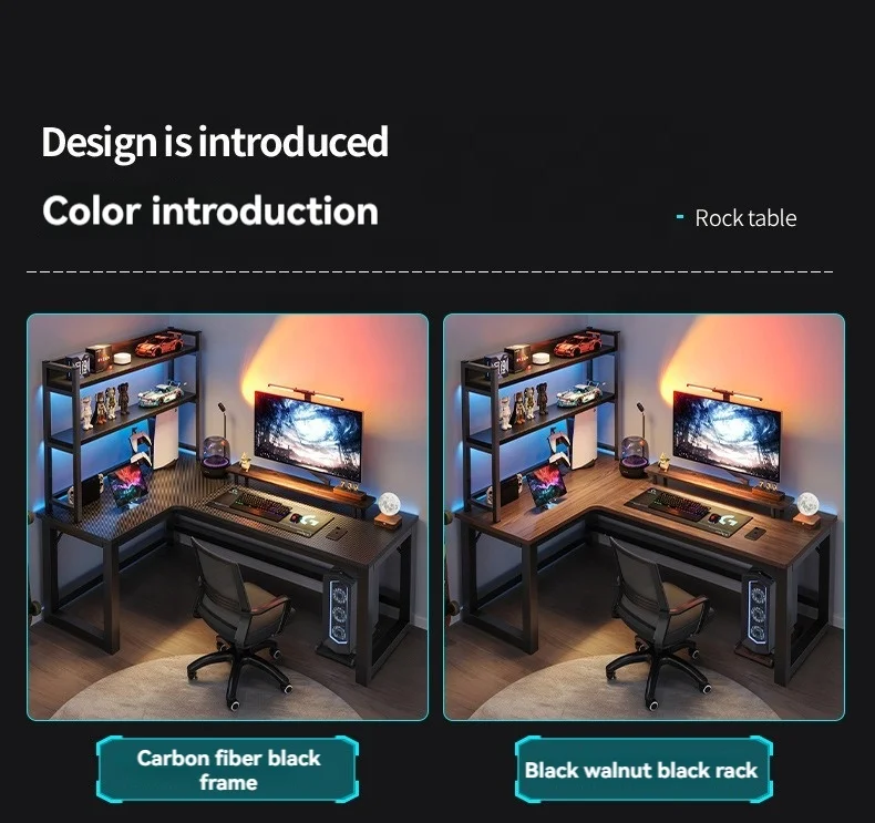 2024 YOUTAI newest L shape gaming tables with shelf carbon fiber MDF computer standing desk for home I shape desk