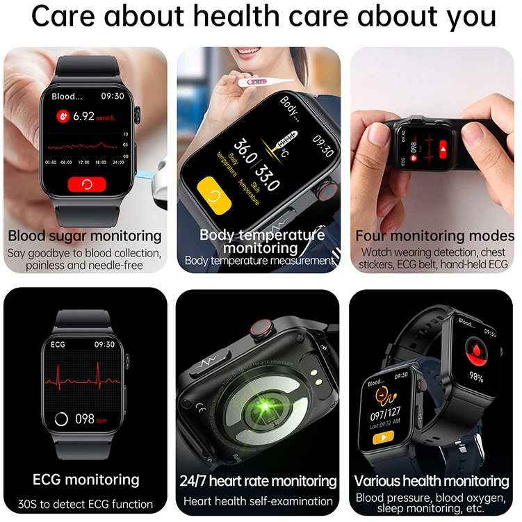 E500 smart watch (H Band) non-invasive blood glucose oxygen ECG+PPG temperature heart rate BT5.0 intelligent health smart watch