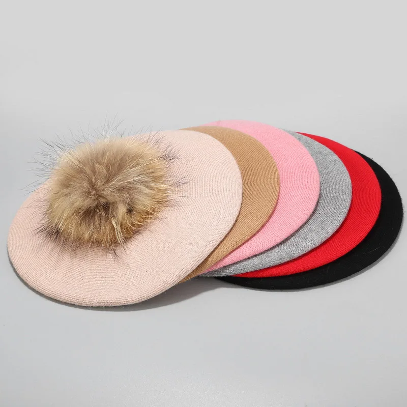 Winter New Style True PomPom Beret Lady Hot Selling Wool Knit Bud Hats Fashion Newsboy Hats