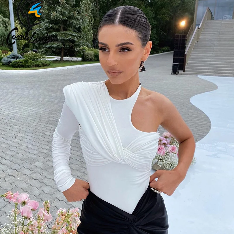 Custom Logo Women Top One Shoulder Sexy Backless Twist Bodysuits  Long Sleeve Top Slim High Waist Bodysuit Club Party Streetwear