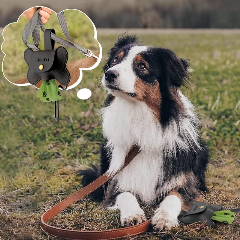 Leather Dog Poop Bag Holder Dispenser With 2 Kinds Leash Clip Stocked Poop Bag Carrier