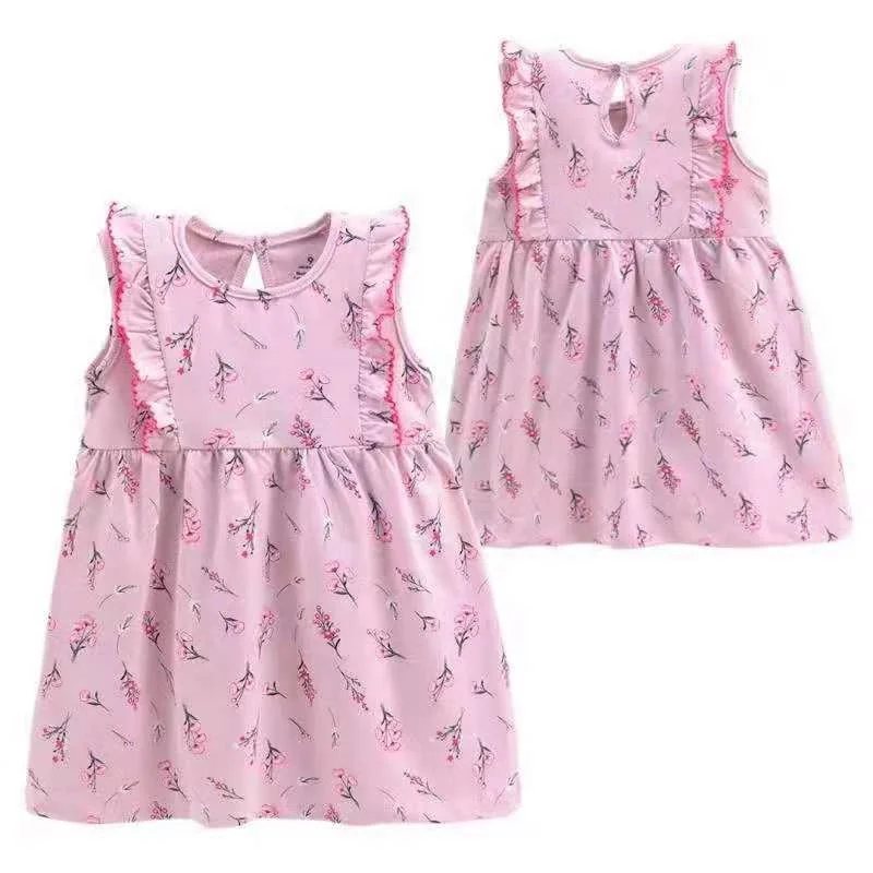 High quality summer ruffle shoulder floral casual lovely party cotton girl baby dresses