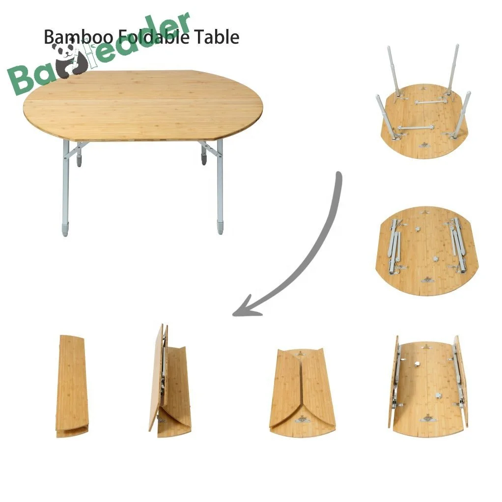 4-Fold Portable Bamboo Wood Camp Table Adjustable Height Bamboo Foldable Table with Aluminum Leg for Indoor Outdoor Activities