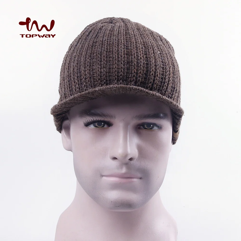 OEM Mens Outdoor Sports Winter Beanies With Visor Cheap Wholesale Custom Knit Visor Brim Beanie With Leather Patch