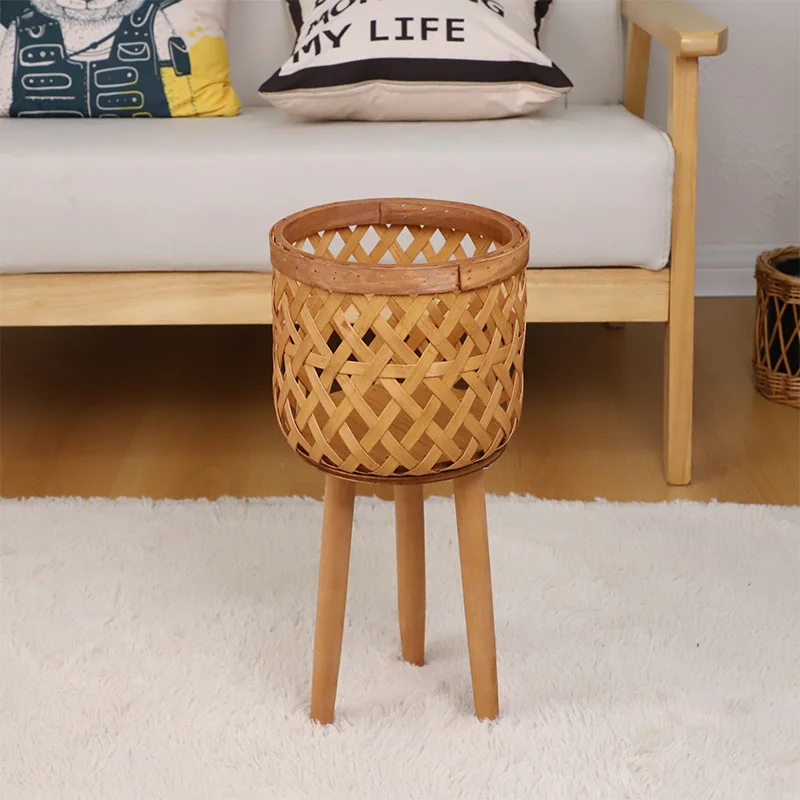 Hot deal natural bamboo baskets with stand wood legs woven bamboo planter pot with legs