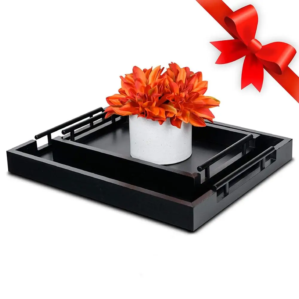 Set of 2 Coffee Table Ottoman Tray Black Serving Tray with Handles