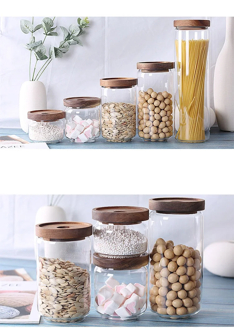 Stacked kitchen jar set clear glass jar household kitchen thickened airtight food storage jar and wooden bamboo clip cover