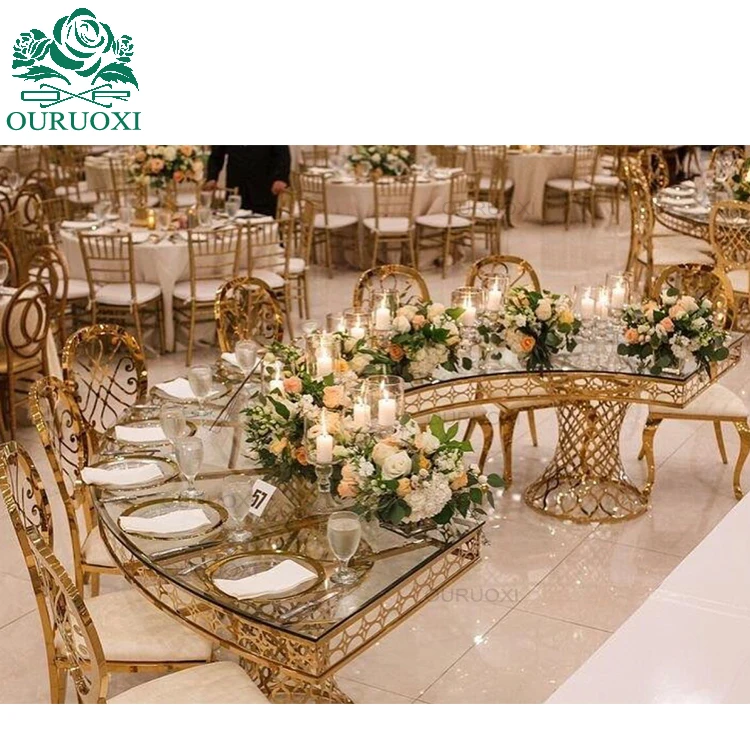 luxury style gold stainless steel base half moon mirror glass table for wedding
