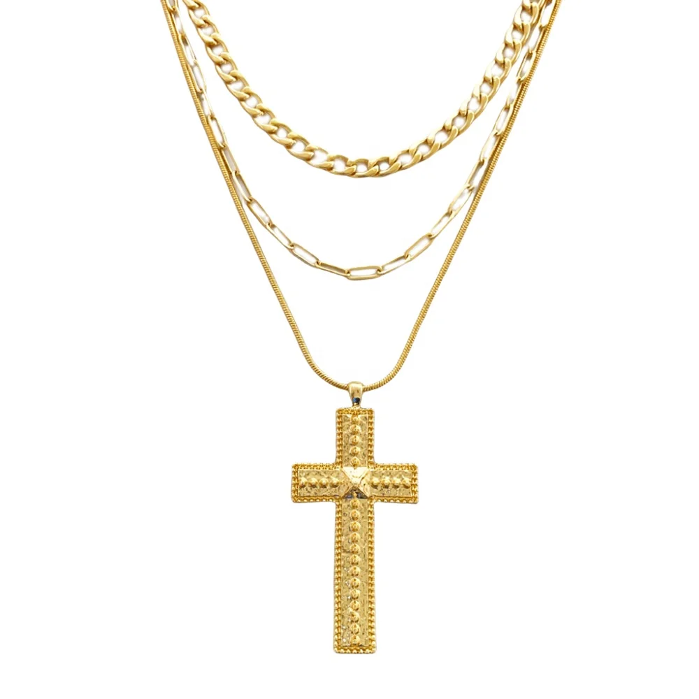 Jewelry wholesale custom big cross necklace fashion multi layer 18k gold plated pendant necklace for women