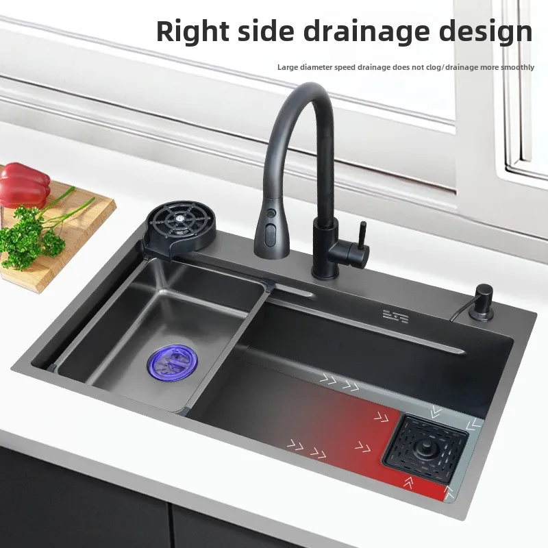 304 Stainless Steel Large Single Kitchen Sink With Faucet Black Nano Thickened Dishwashing Vegetable with Counter Installation