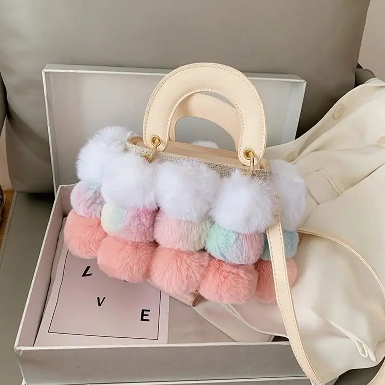 Large Capacity Bag Tote Ladies Faux Fur Winter Fashion Shoulder Crossbody Bags Bead for Women Purse Boho Handbags Bubble