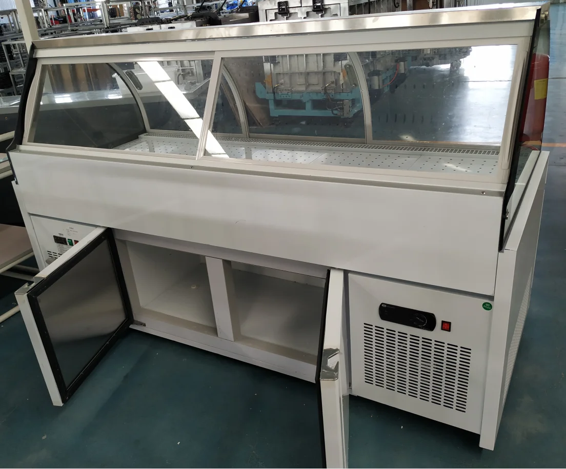 Deli display case chiller counter with freezer storage for deli and meat sale
