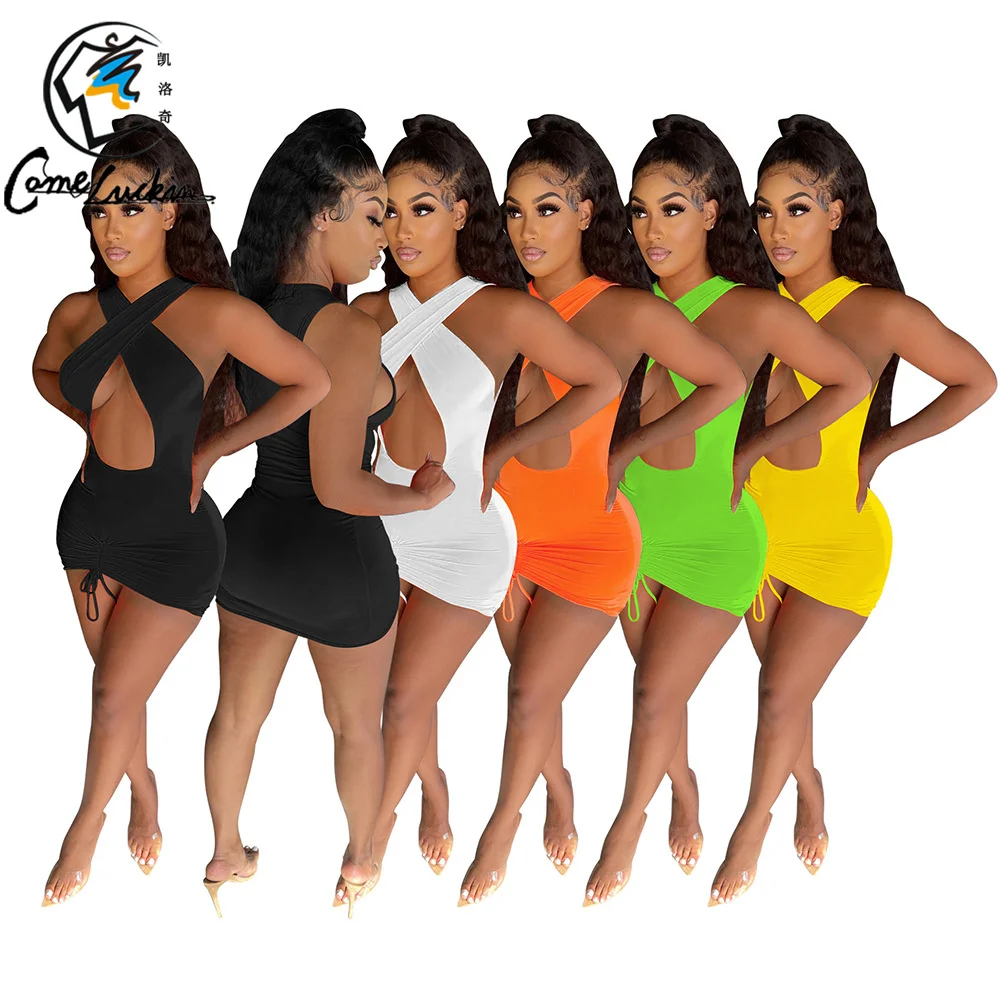 New Arrivals Summer Casual Sexy Women Dress Halter Hollow Out Stacked Mini Dress Club Casual Style Wearing for Women