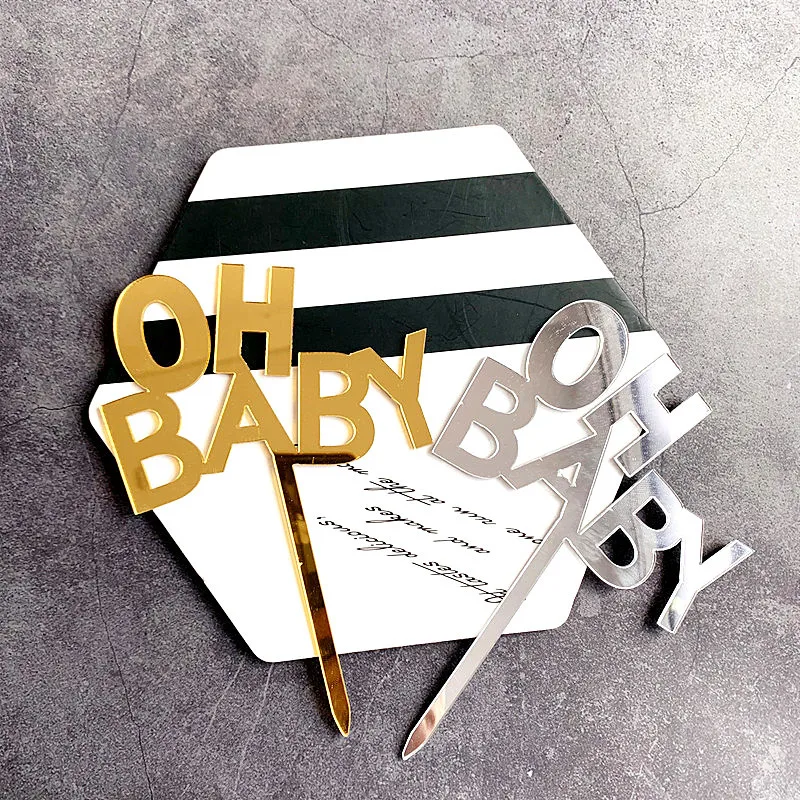 Low moq custom design silver gold oh baby sign acrylic cake topper for baby shower cake decoration