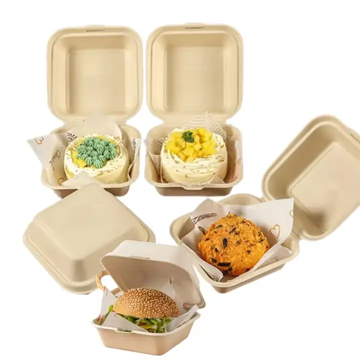 Biodegradable Eco Friendly Hinged lid containers Sugarcane Bagasse Disposable 8' 3-Com Clamshell