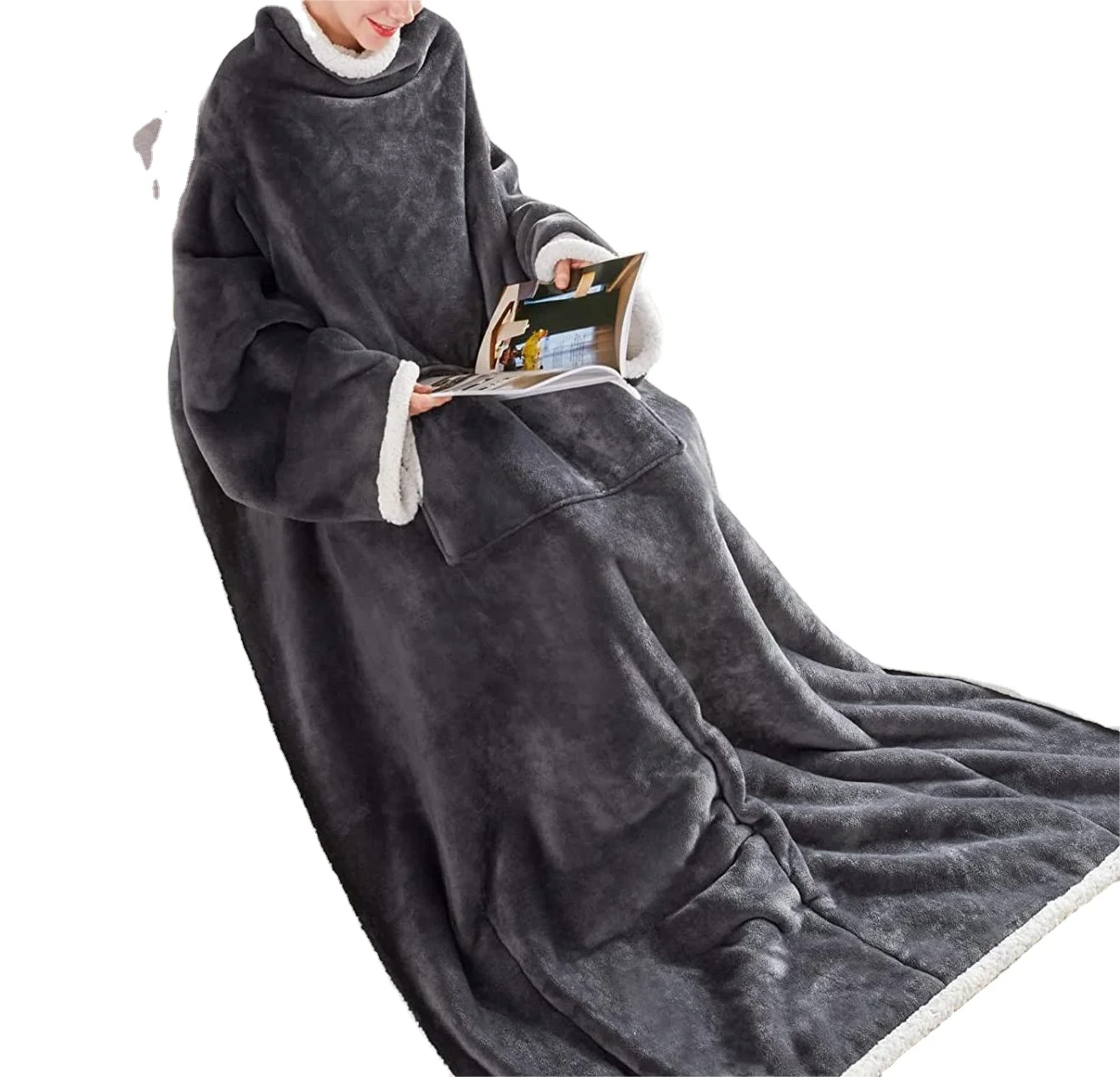 Soft and Warm TV Wrap Throw Blanket with Elastic Cuffs Wearable Blanket for Adults Women Men