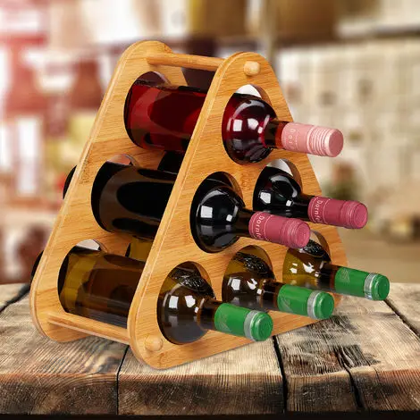 6 Bottles Capacity, Pyramid Wine Holder, Table Stand Bamboo Wine Rack