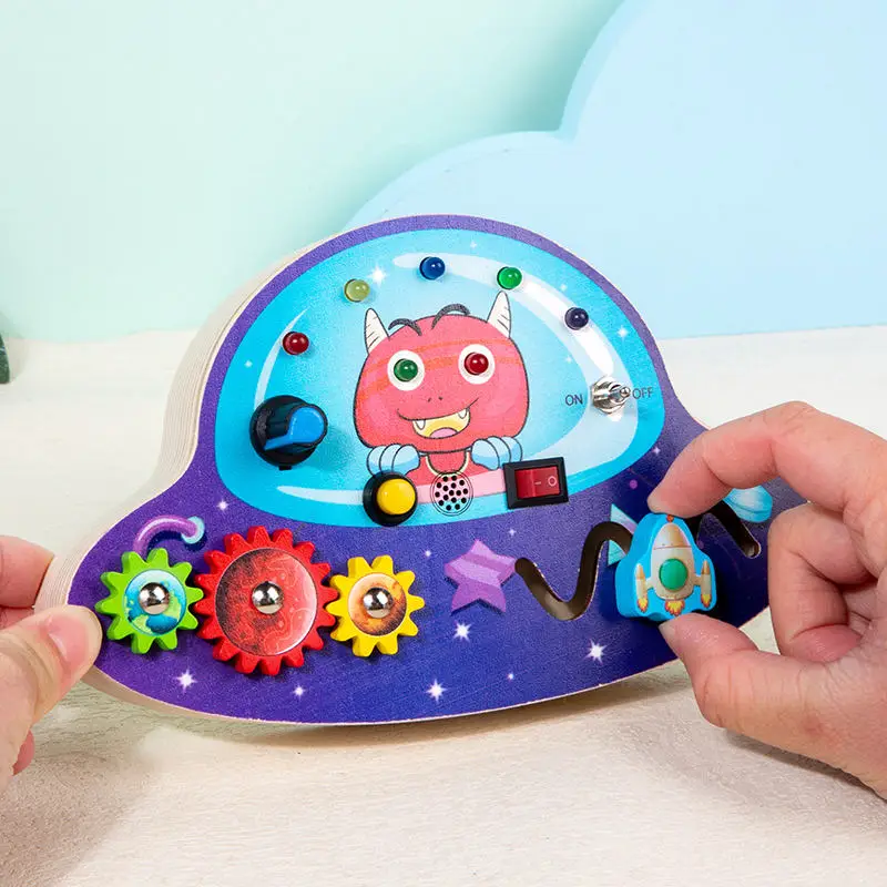 KS High Quality toddlers Montessori education Toys Wooden UFO  Electronic Busy Board with 7 Led Light Switch gearwheel
