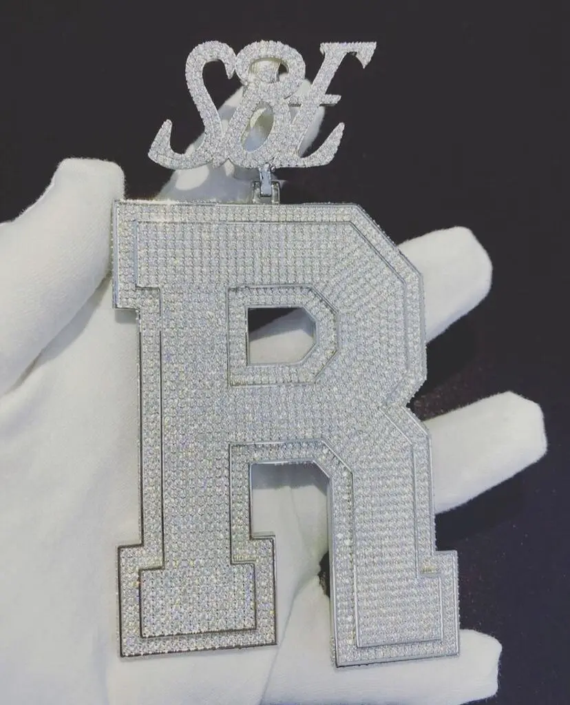 Solid 925 Silver Icedout Bling VVS Moissanite Diamond Hip Hop Big Size Letter R Customized With Own Logo Pendant Necklaces