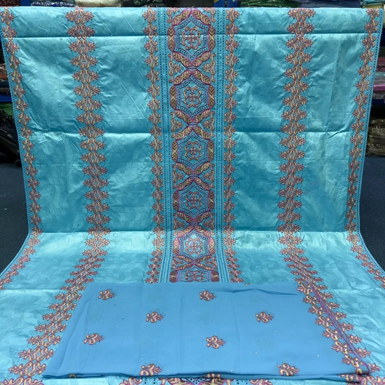 Blue color Embroidery cotton lace bazin fabric 5 yards + 2 yards HNExxj0329