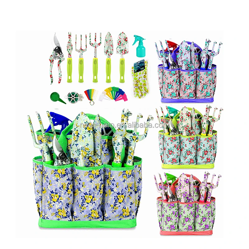 Female 13 PCs Aluminum Gardening Tool Kit Flower Floral Printing Tote Bag Shovel Fork Rake Pruning Shear Sprayer Garden Tool Set