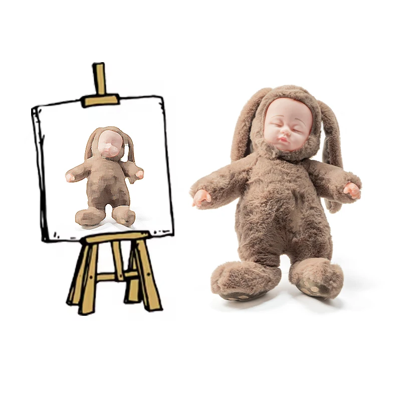 Charming plush doll wearing a bunny ear jumpsuit cozy and lifelike plush doll donning a bunny ear onesie