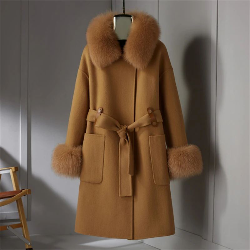 Women Winter Real Fox Fur Coat Jacket 2021 Female Lady Over Size Wool Blends Parka Trench Cape Z21172