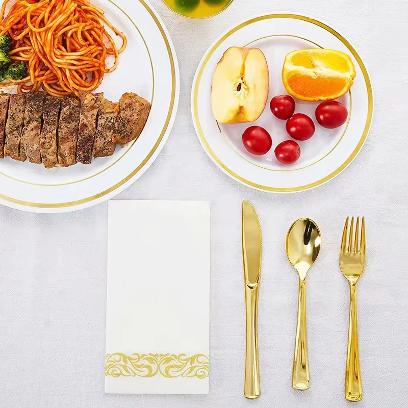 wedding party gold/silver/rose gold color custom plastic plates sets and tableware cutlery