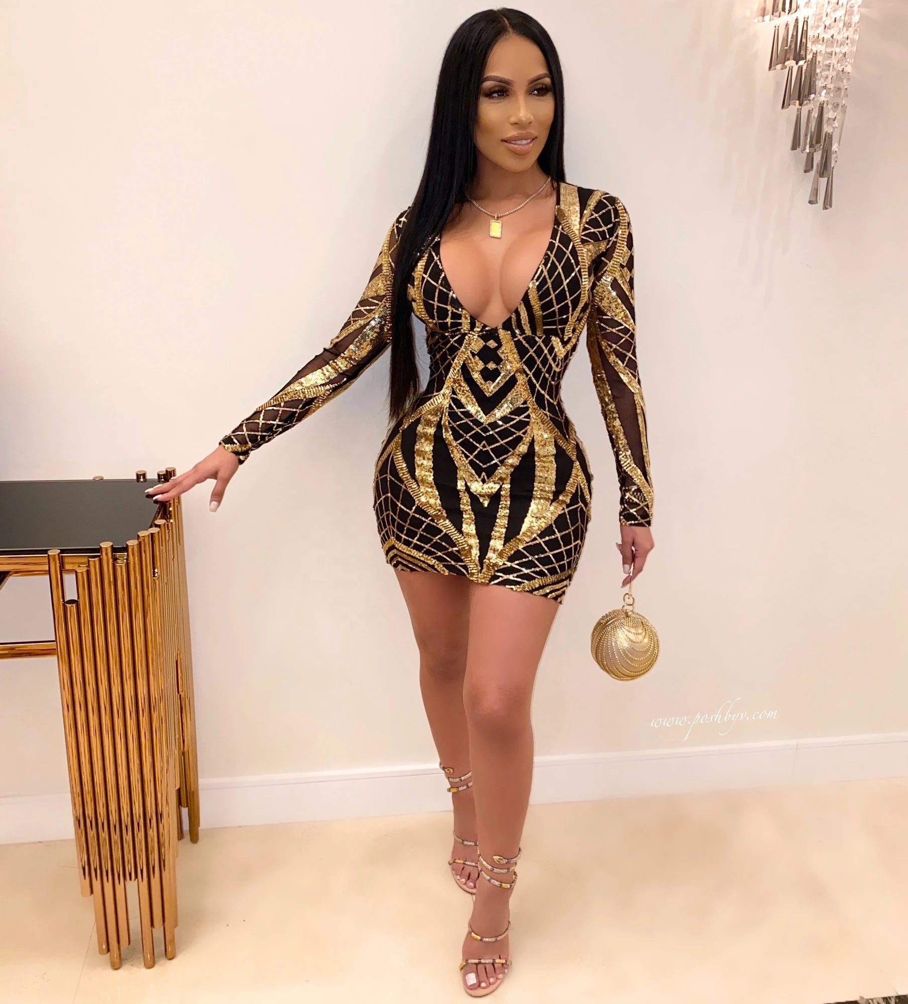 
Wholesale women dresses long sleeve deep V neck low chest super-short gold sequins evening dress 